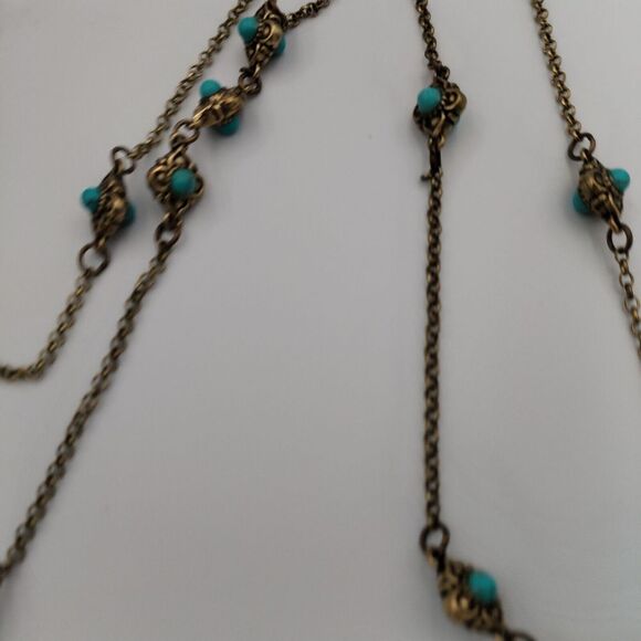 Gold Tone And Teal Turquoise Colored Floral Long Necklace 25 Inches‎ - Picture 6 of 8